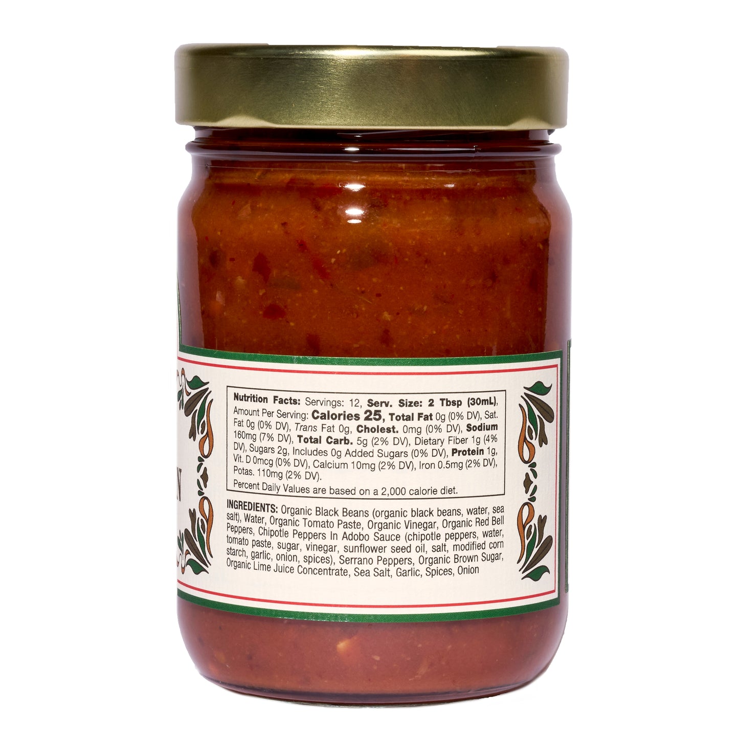 A clear 12.8 oz glass jar of Mi Niña Tortilla Spicy Black Bean Salsa, sealed with a gold lid. The back label shows nutrition facts and ingredients in black on white with green and red accents. Sold in a convenient 6 pack.