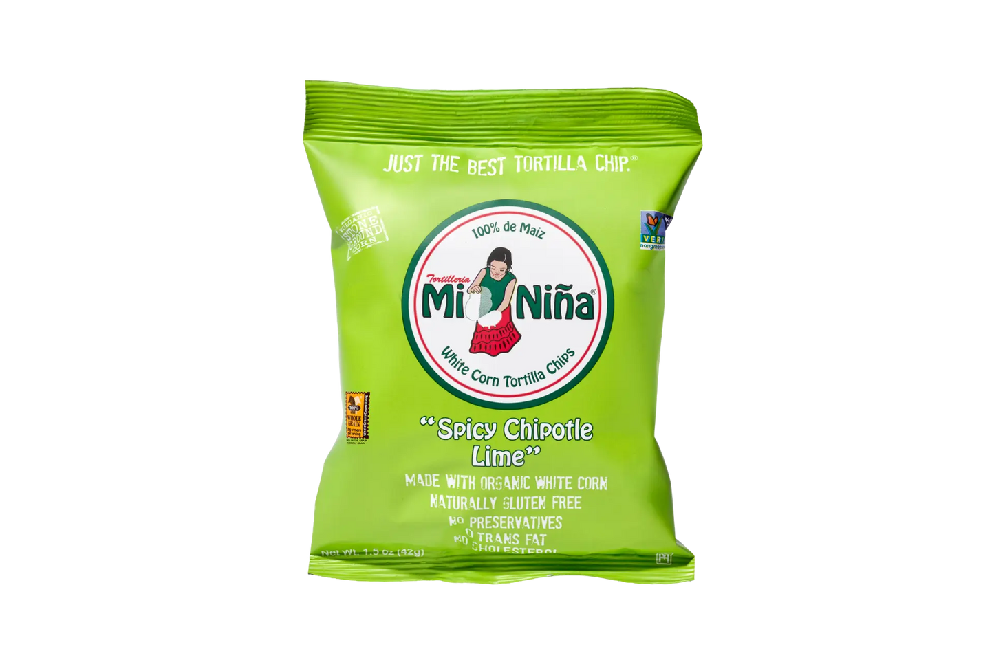 A 1.5 oz bag of Mi Niña Tortilla “Spicy Chipotle Lime” Tortilla Chips (24 Pack), made with organic white corn, is gluten-free, has no preservatives, and features “100% de Maíz” with illustrations of a woman and corn on the packaging.