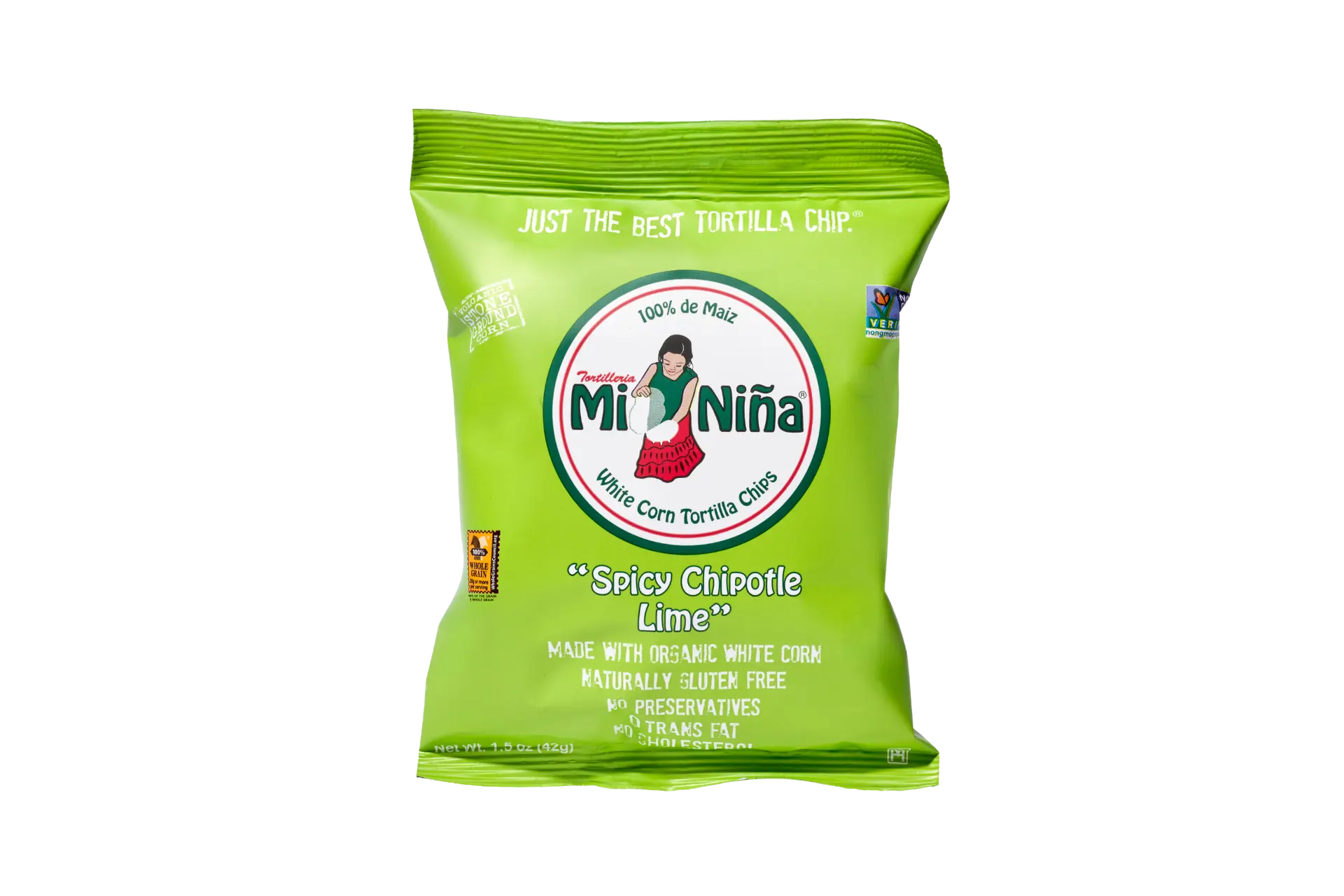 A 1.5 oz bag of Mi Niña Tortilla “Spicy Chipotle Lime” Tortilla Chips (24 Pack), made with organic white corn, is gluten-free, has no preservatives, and features “100% de Maíz” with illustrations of a woman and corn on the packaging.