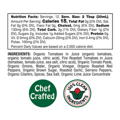 The nutrition label for Mi Niña Tortilla Spicy Tomato Salsa – 6 Pack / 12.8 oz provides information on calories, ingredients, and nutrients. Badges highlight that it is Chef Crafted and made with 100% Clean Ingredients. The salsa is made with tomatoes, peppers, onions, spices, and sea salt. It is available in individual 12.8 oz jars or as a case of six.