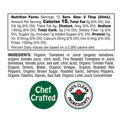 The nutrition label for Mi Niña Tortilla Spicy Tomato Salsa – 6 Pack / 12.8 oz provides information on calories, ingredients, and nutrients. Badges highlight that it is Chef Crafted and made with 100% Clean Ingredients. The salsa is made with tomatoes, peppers, onions, spices, and sea salt. It is available in individual 12.8 oz jars or as a case of six.