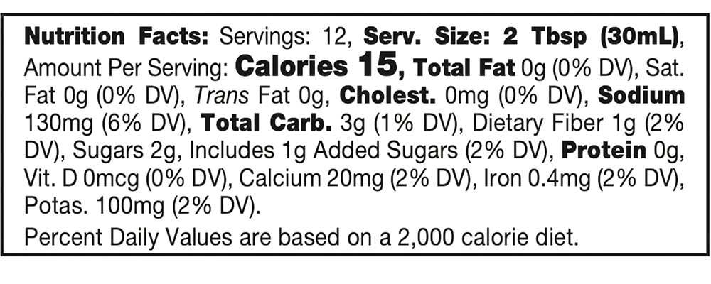 Nutrition facts for Spicy Tomato Salsa – 6 Pack / 12.8 oz