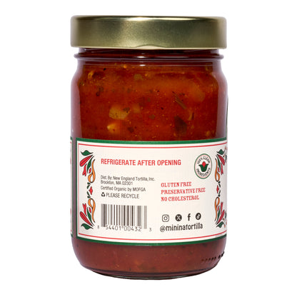 Mi Niña Tortilla Spicy Tomato Salsa – 6 Pack / 12.8 oz glass jars with gold lids. Label notes “Refrigerate After Opening,” gluten free, preservative free, no cholesterol, plus recycling and contact info.
