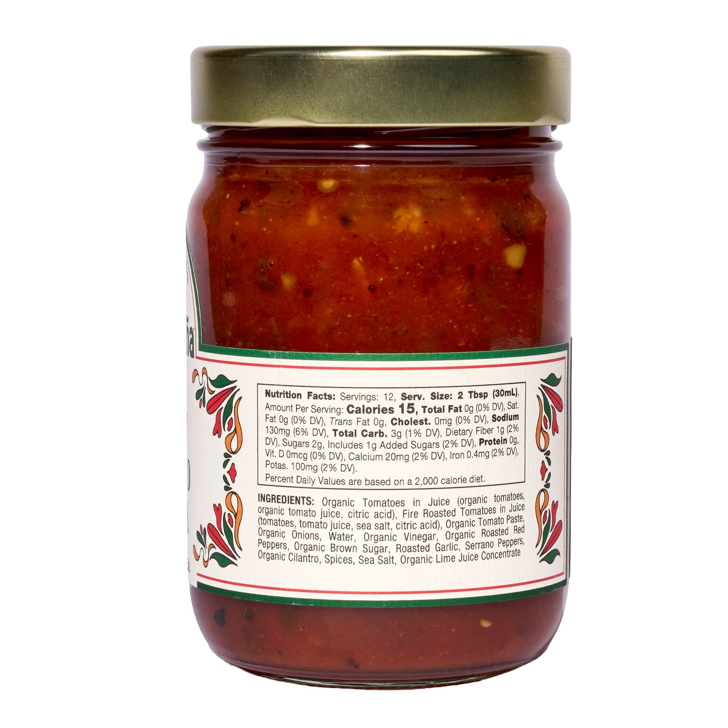 Mi Niña Tortilla Spicy Tomato Salsa – 6 Pack (12.8 oz each) features glass jars with gold lids; back label has nutrition facts and ingredients in black on white, accented by decorative side patterns.
