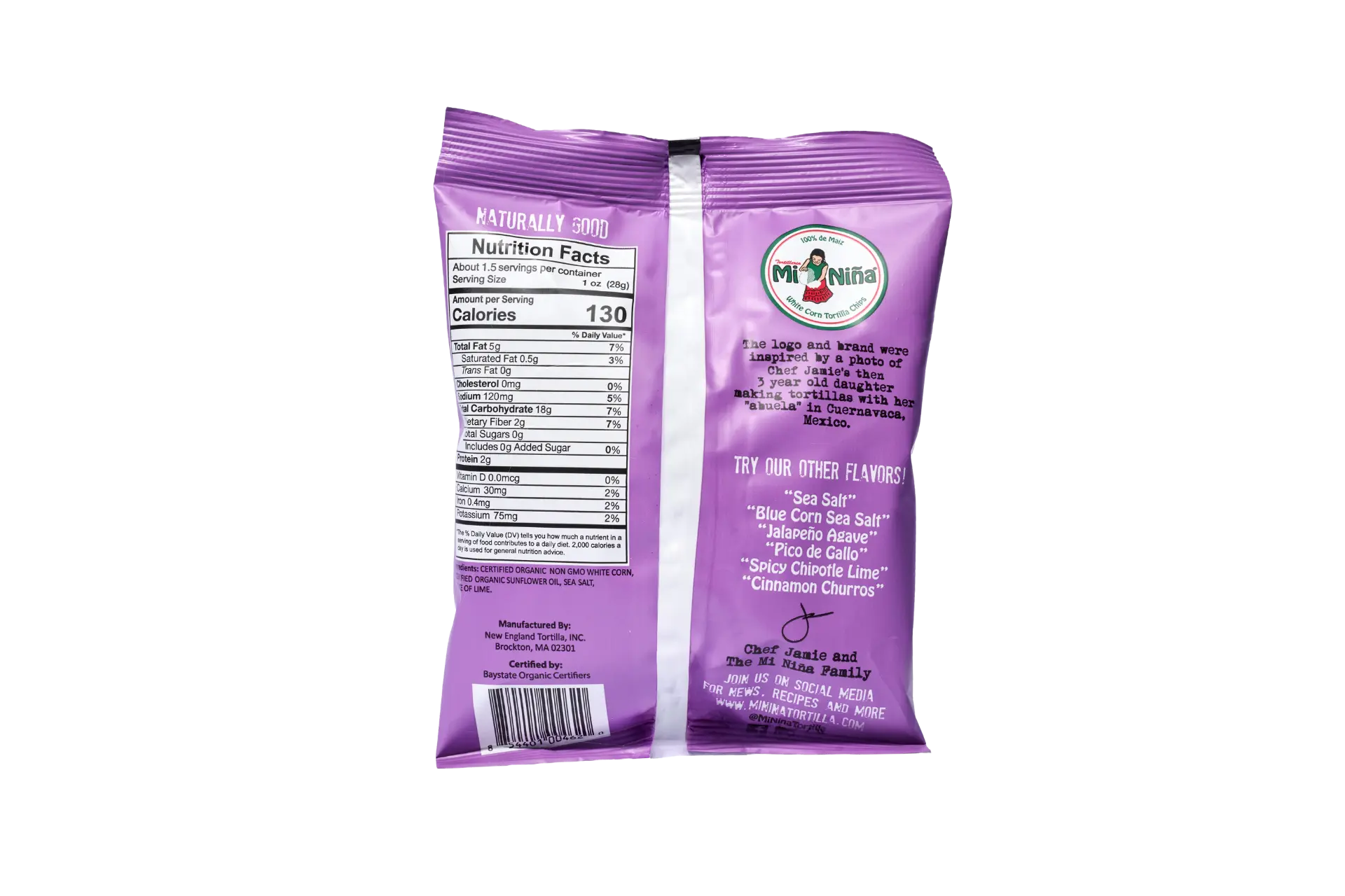 Back of a purple Mi Niña Tortilla Organic Thin & Crispy Sea Salt 1.5 oz bag displays nutrition facts, barcode, brand logo, ingredients, and other flavors: Sea Salt, Jalapeño, and Cinnamon Churros. Available in a 24 pack.