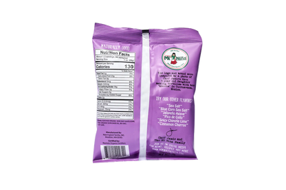 Back of a purple Mi Niña Tortilla Organic Thin & Crispy Sea Salt 1.5 oz bag displays nutrition facts, barcode, brand logo, ingredients, and other flavors: Sea Salt, Jalapeño, and Cinnamon Churros. Available in a 24 pack.