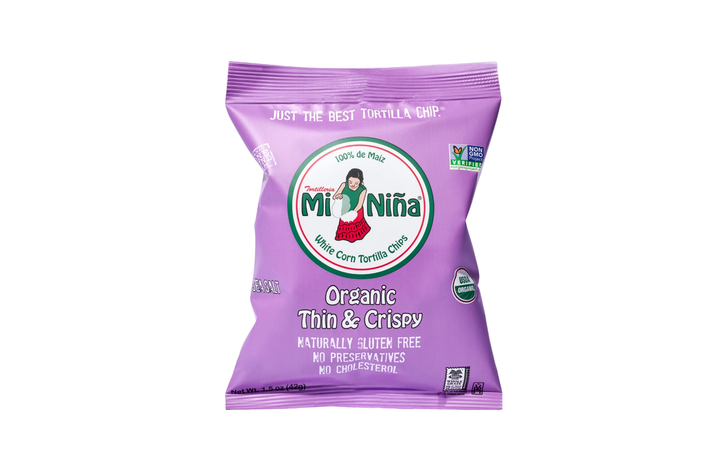 A purple bag of Mi Niña Tortilla Organic Thin & Crispy Sea Salt Chips (24 Pack / 1.5 oz), featuring gluten-free, preservative-free, cholesterol-free, and Non-GMO Project Verified on the packaging.