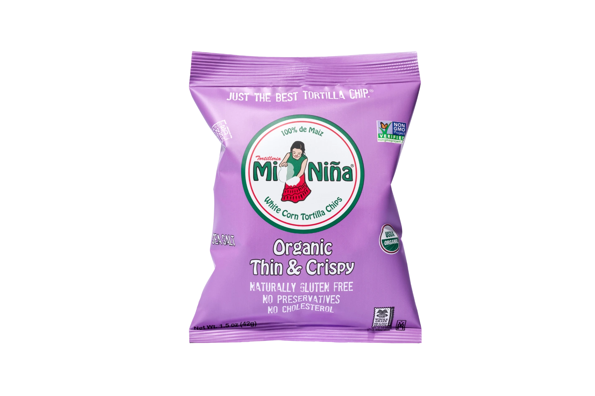 A purple bag of Mi Niña Tortilla Organic Thin & Crispy Sea Salt Chips (24 Pack / 1.5 oz), featuring gluten-free, preservative-free, cholesterol-free, and Non-GMO Project Verified on the packaging.