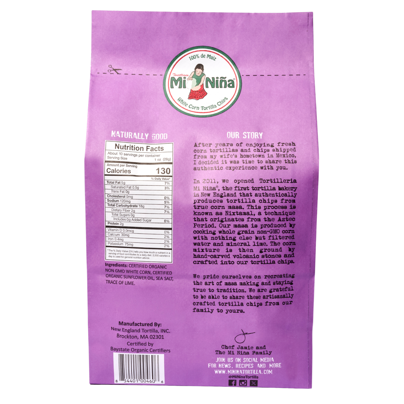 Back of a Mi Niña Tortilla Organic Thin & Crispy Sea Salt Tortilla Chip 10 oz bag showing nutrition facts, ingredients, brand logo, product story, certifications, and social media info in black and white text.