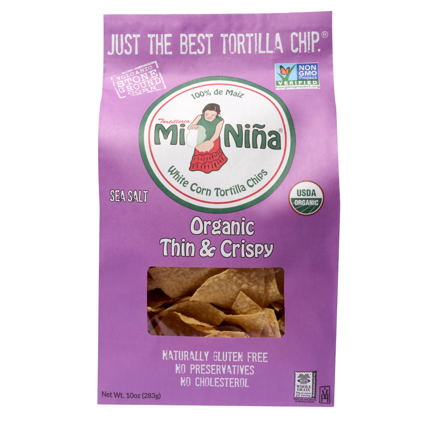 A 10 oz bag of Mi Niña Tortilla Organic Thin & Crispy Sea Salt Tortilla Chips comes in purple packaging with USDA Organic, Non-GMO, and gluten free labels, letting you see the crispy chips inside.