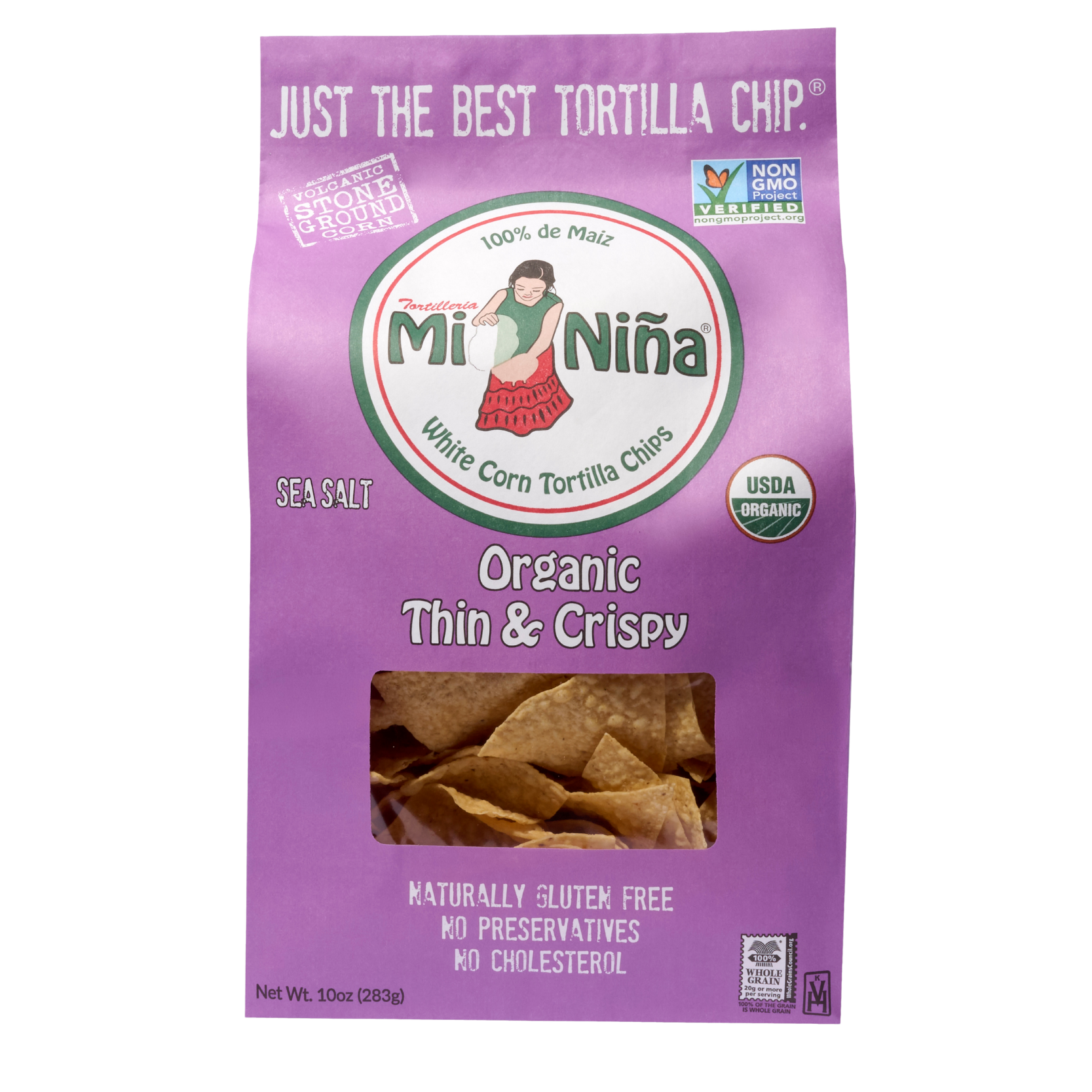 A 10 oz bag of Mi Niña Tortilla Organic Thin & Crispy Sea Salt Tortilla Chips comes in purple packaging with USDA Organic, Non-GMO, and gluten free labels, letting you see the crispy chips inside.