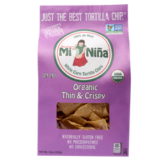 A 10 oz bag of Mi Niña Tortilla Organic Thin & Crispy Sea Salt Tortilla Chips comes in purple packaging with USDA Organic, Non-GMO, and gluten free labels, letting you see the crispy chips inside.